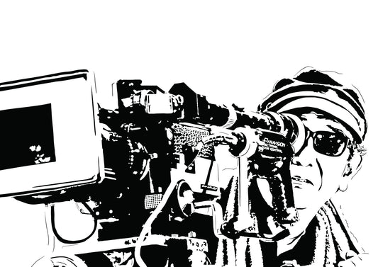 Black and white stencil illustration of Akira Kurosawa, a famous Japanese filmmaker, standing in front of a film recorder. Kurosawa is depicted with his trademark thick-rimmed glasses, looking intently at the recorder. The background is white with intricate stencil details giving the illustration a unique and minimalist style