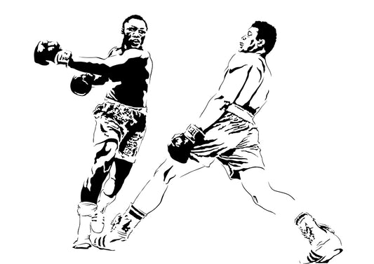 digital minimalistic line art of muhammad ali dodging a punch from joe frazier from their rumble in the jungle boxing match, black and white art