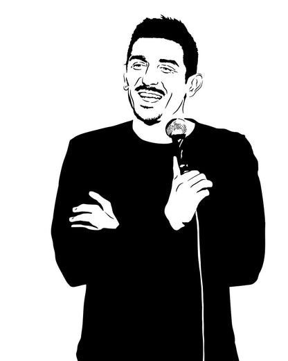  digital minimalist stencil black and white illustration of stand up comedian andrew schultz with his arms crossed holding a microphone in his right hand, image of his upper torso and he is laughing and looking slightly to his right