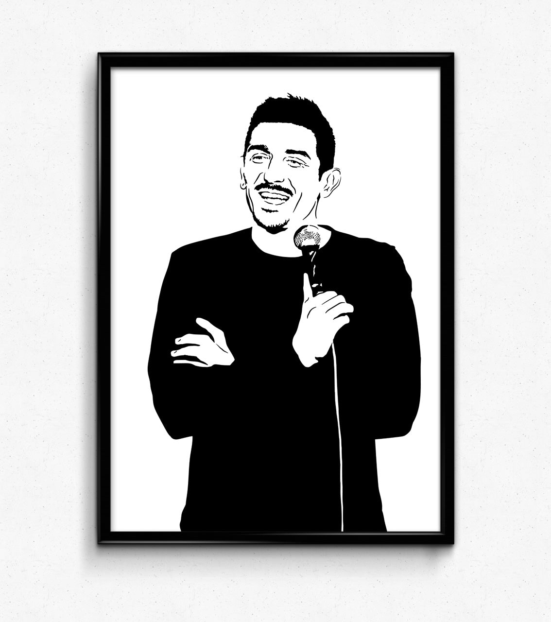  digital minimalist stencil black and white illustration of stand up comedian andrew schultz with his arms crossed holding a microphone in his right hand, image of his upper torso and he is laughing and looking slightly to his right, black framed print hanging up