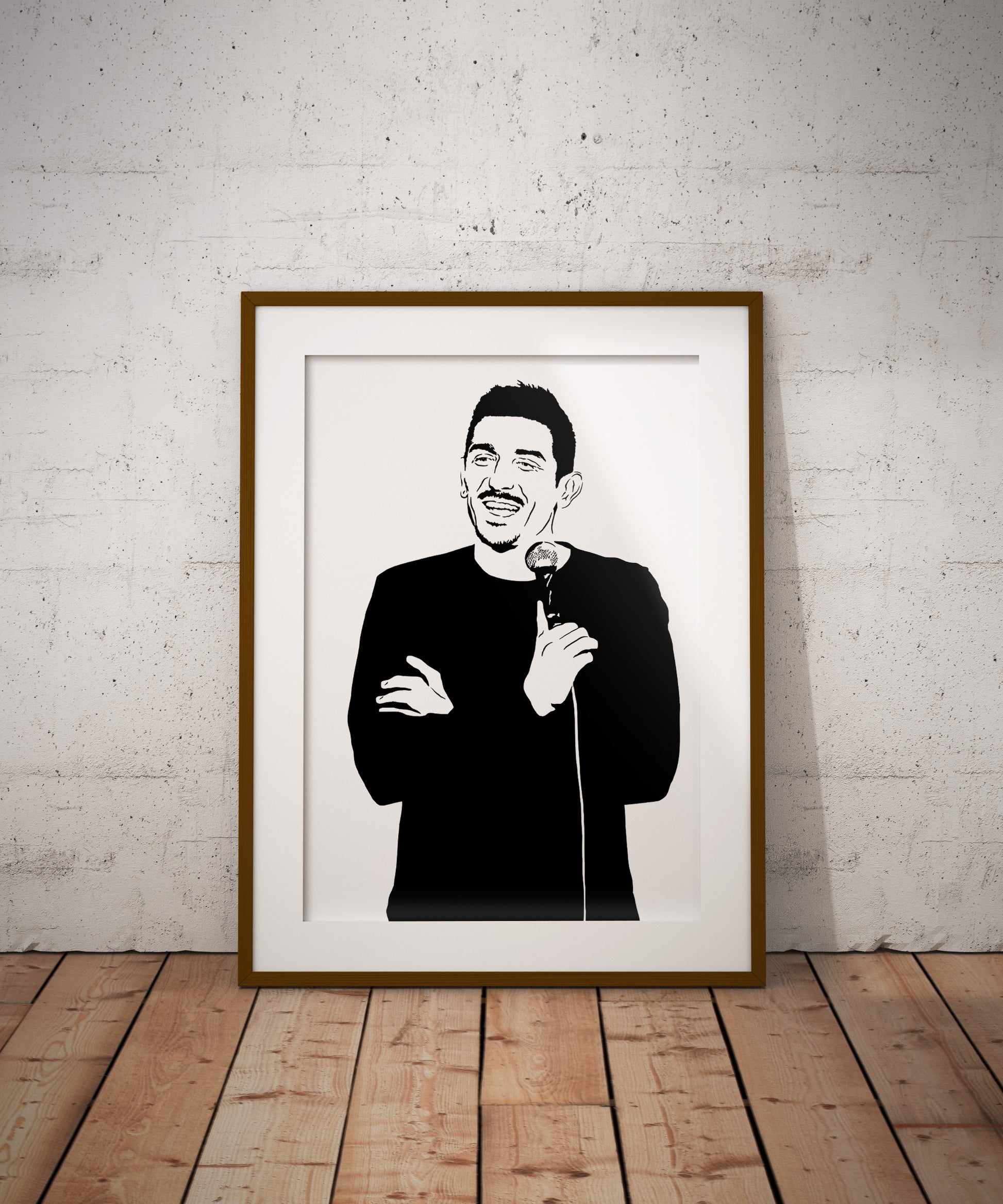  digital minimalist stencil black and white illustration of stand up comedian andrew schultz with his arms crossed holding a microphone in his right hand, image of his upper torso and he is laughing and looking slightly to his right, in a wood frame set against the wall on a wood floor