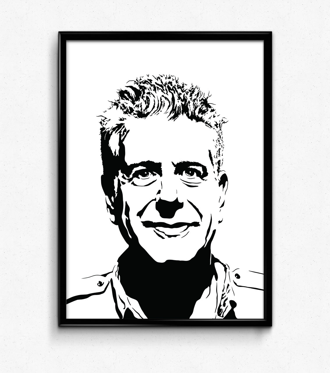 framed art print of chef Anthony Bourdain from no reservations portrait black and white