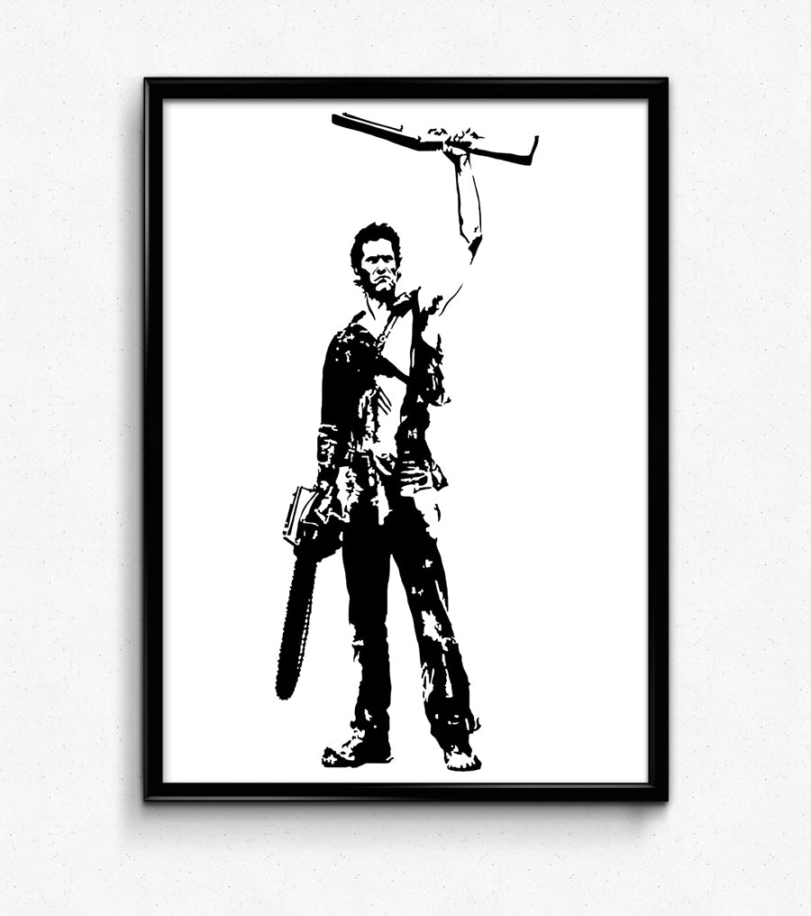 digital minimalist stencil black and white illustration of ash williams played by bruce campbell from the evil dead series, he is standing sternly with a chainsaw attached to his right arm and holding a shotgun overhead wearing tattered clothing, black and white framed illustration