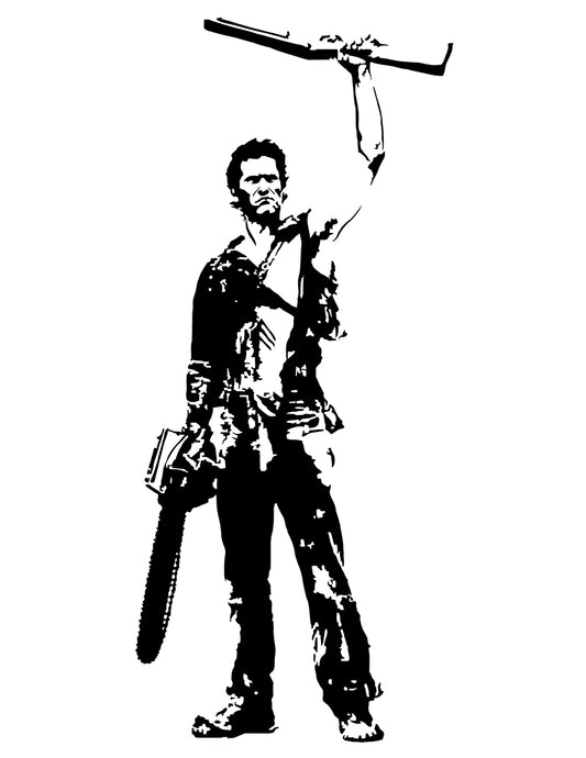 digital minimalist stencil black and white illustration of ash williams played by bruce campbell from the evil dead series, he is standing sternly with a chainsaw attached to his right arm and holding a shotgun overhead wearing tattered clothing, black and white illustration