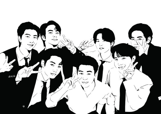 digital black and white illustrations of the korean pop group BTS, all members facing camera giving peace signs