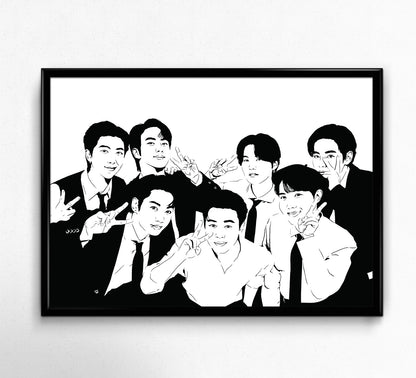 digital black and white illustrations of the korean pop group BTS, all members facing camera giving peace signs, framed print