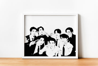 digital black and white illustrations of the korean pop group BTS, all members facing camera giving peace signs, in a white frame on a wooden floor