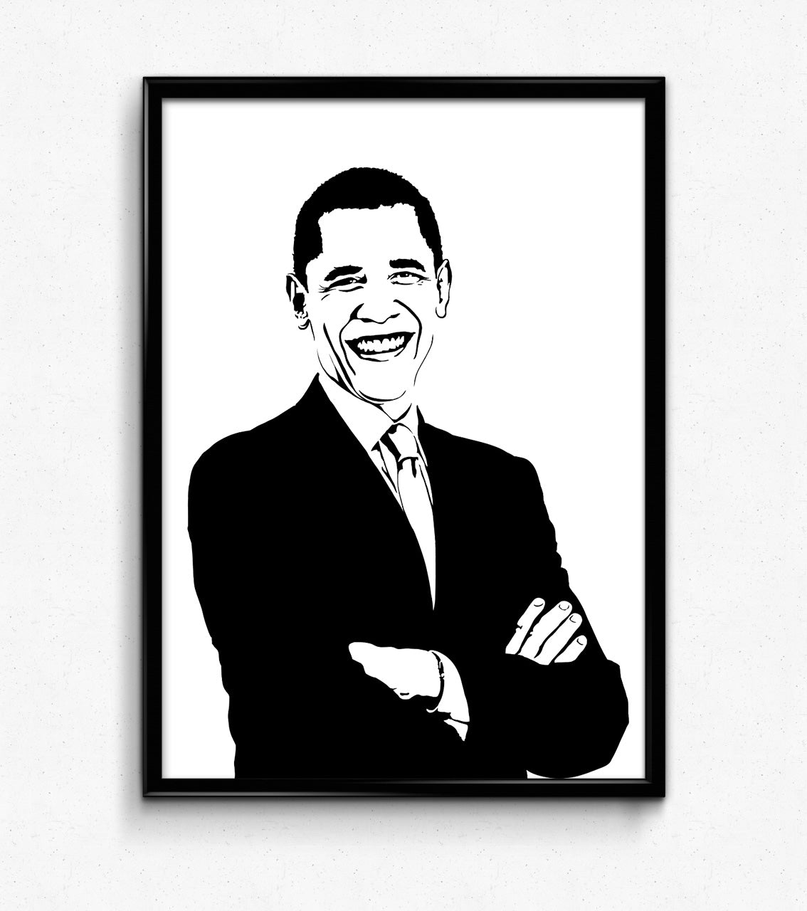  digital minimalist stencil black and white illustration of president barack obama standing with his arms crossed, wearing a suit and tie with a wide smile on his face, framed art print