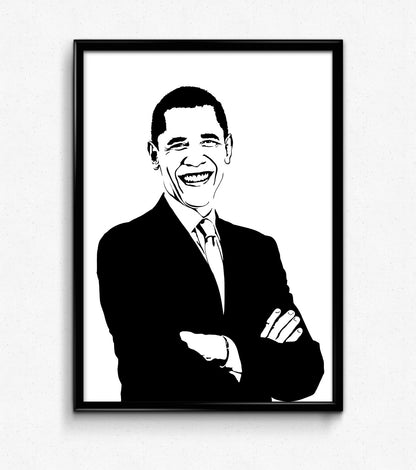  digital minimalist stencil black and white illustration of president barack obama standing with his arms crossed, wearing a suit and tie with a wide smile on his face, framed art print