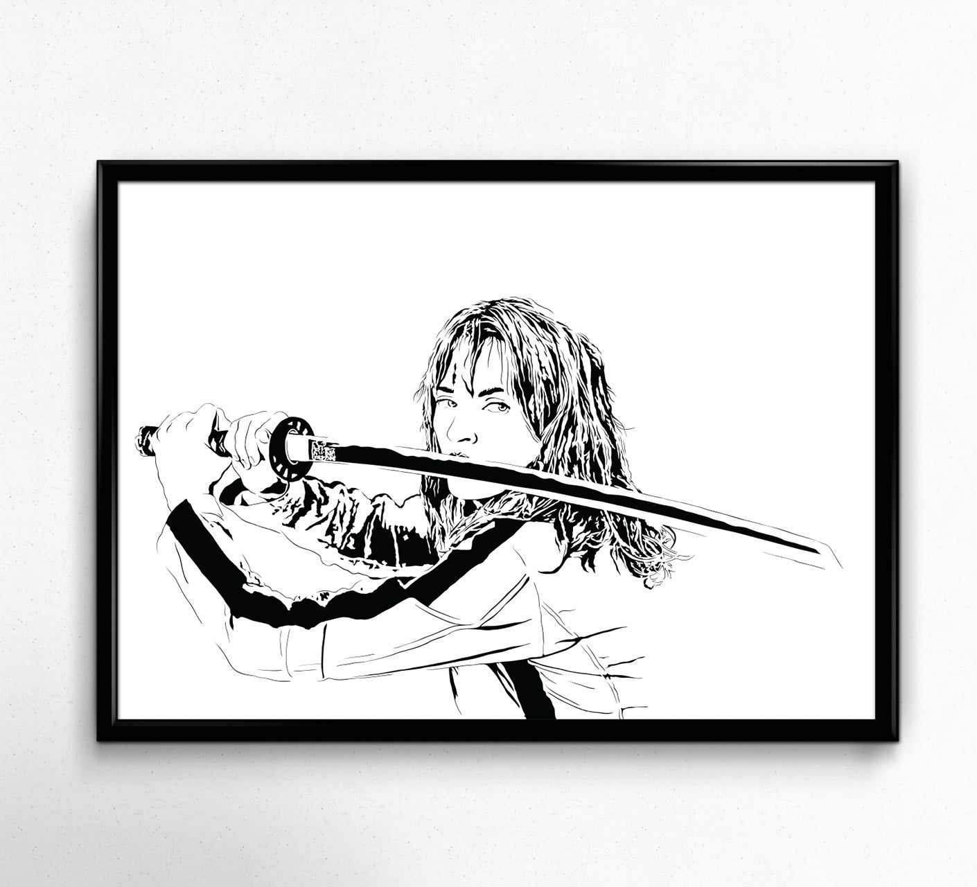 art print illustration of beatrix kiddo from kill bill played by uma thurman holding a katatana sword