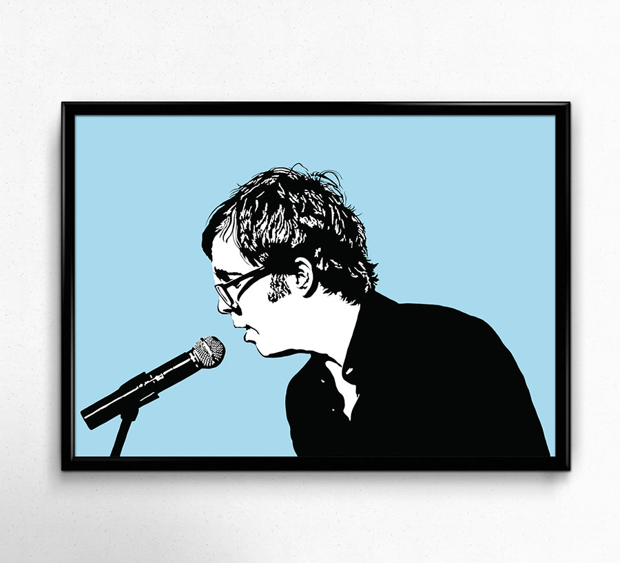 digital minimalist stencil illustration of ben folds singing into a microphone, illustrations is black and white with a light blue background in a frame on the wall