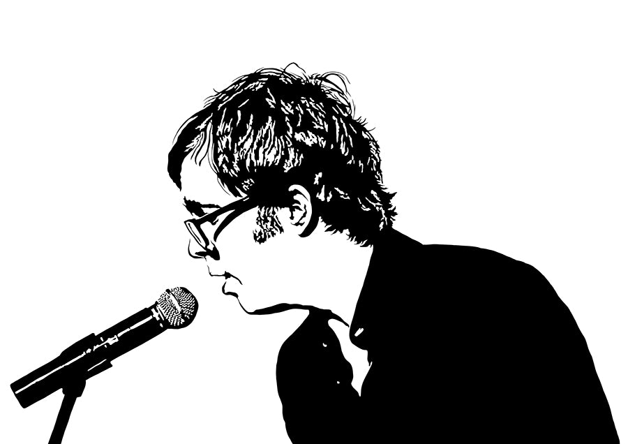 digital minimalist stencil illustration of ben folds singing into a microphone, illustrations is black and white