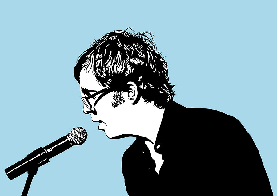 digital minimalist stencil illustration of ben folds singing into a microphone, illustrations is black and white with a light blue background