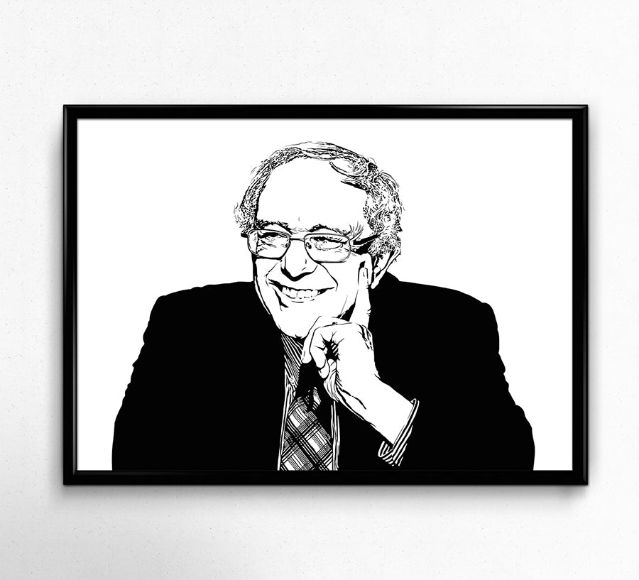 digital minimalist stencil illustration of democrat politician bernie sanders smiling, framed art print