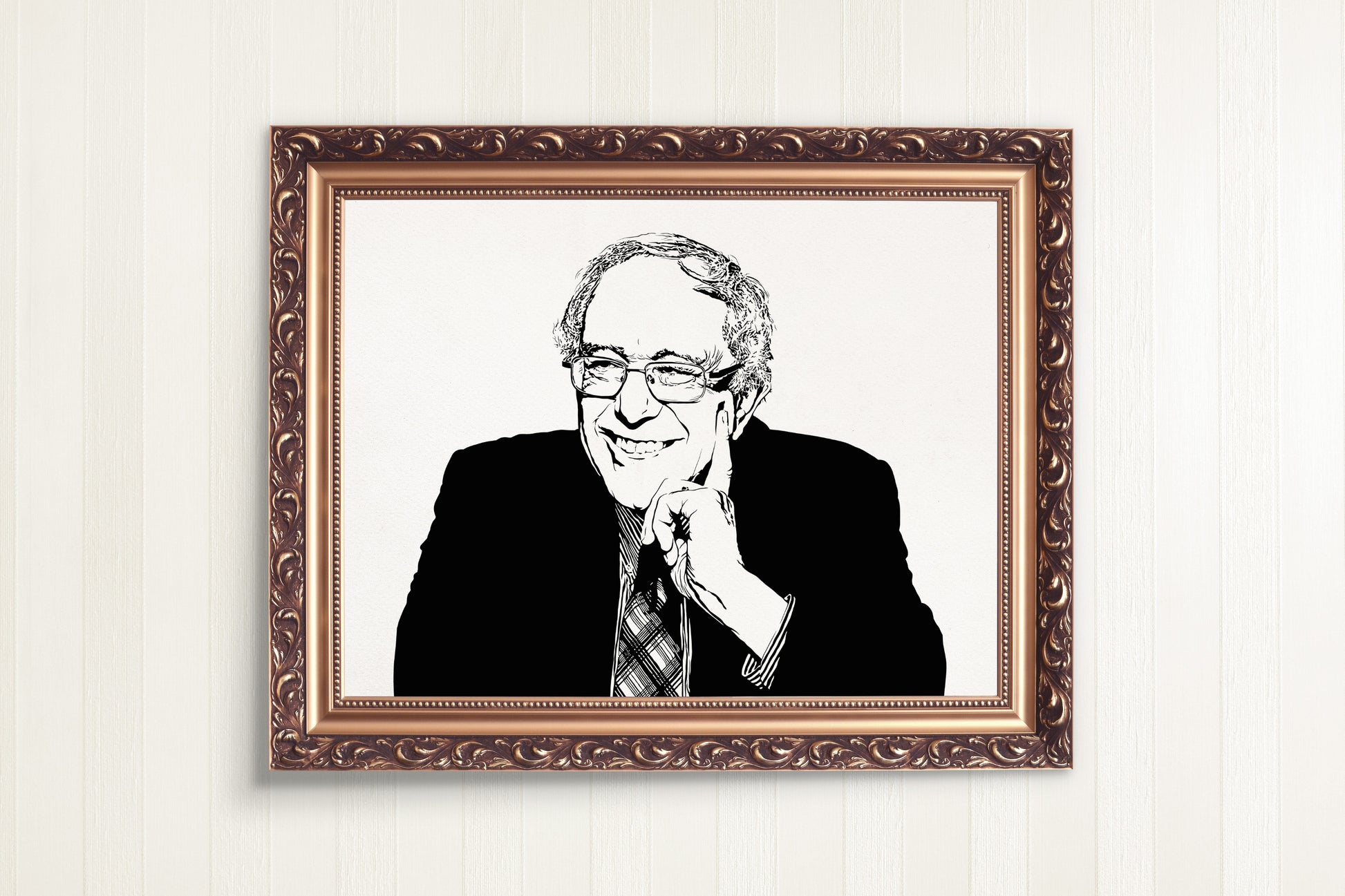 digital minimalist stencil illustration of democrat politician bernie sanders smiling, art print in a fancy gold frame