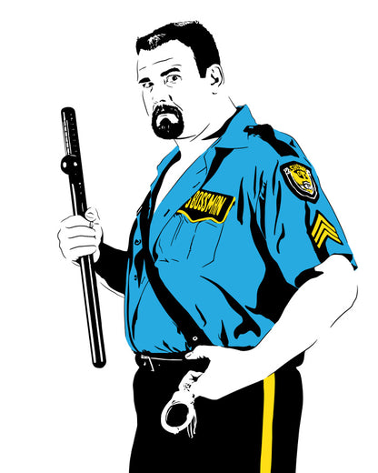 digital illustration of big boss man of WWF wrestling fame, wearing a police uniform and holding a nightstick in one hand and handcuffs in the other with a mean look on his face, everything is black and white except his blue uniform with gold highlights