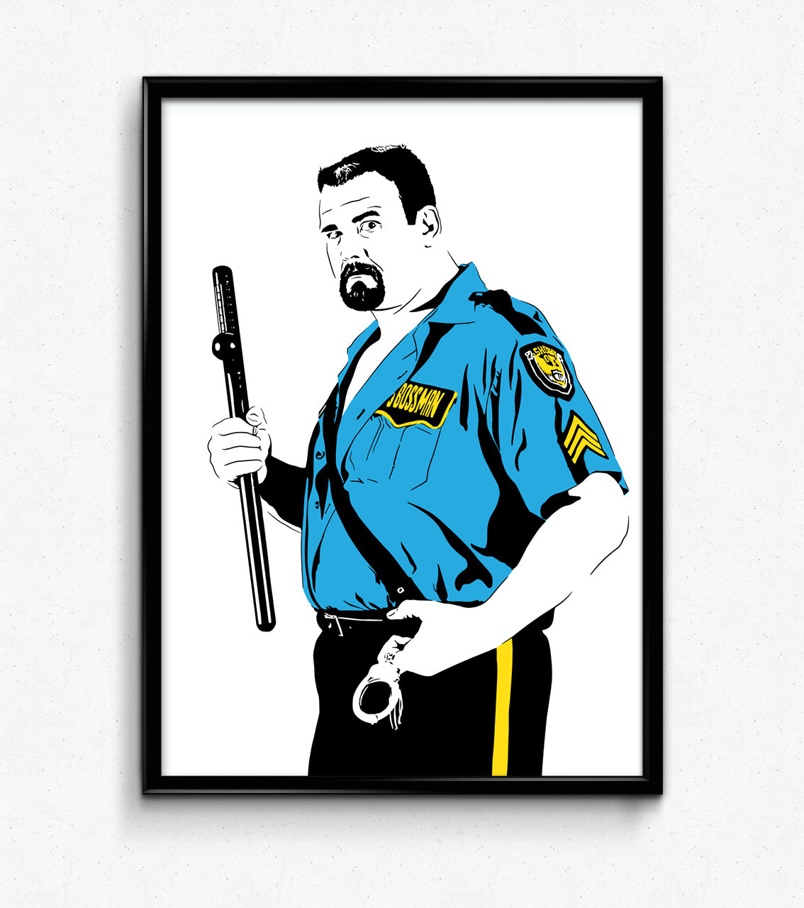 digital illustration of big boss man of WWF wrestling fame, wearing a police uniform and holding a nightstick in one hand and handcuffs in the other with a mean look on his face, everything is black and white except his blue uniform with gold highlights, art print framed on the wall