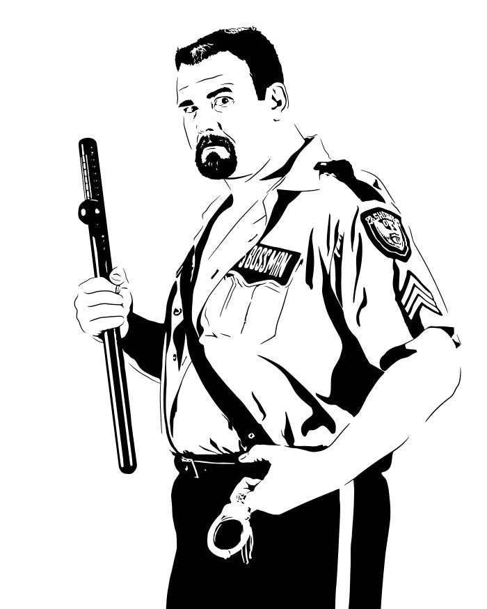 digital illustration of big boss man of WWF wrestling fame, wearing a police uniform and holding a nightstick in one hand and handcuffs in the other with a mean look on his face, the art print is entirely black and white