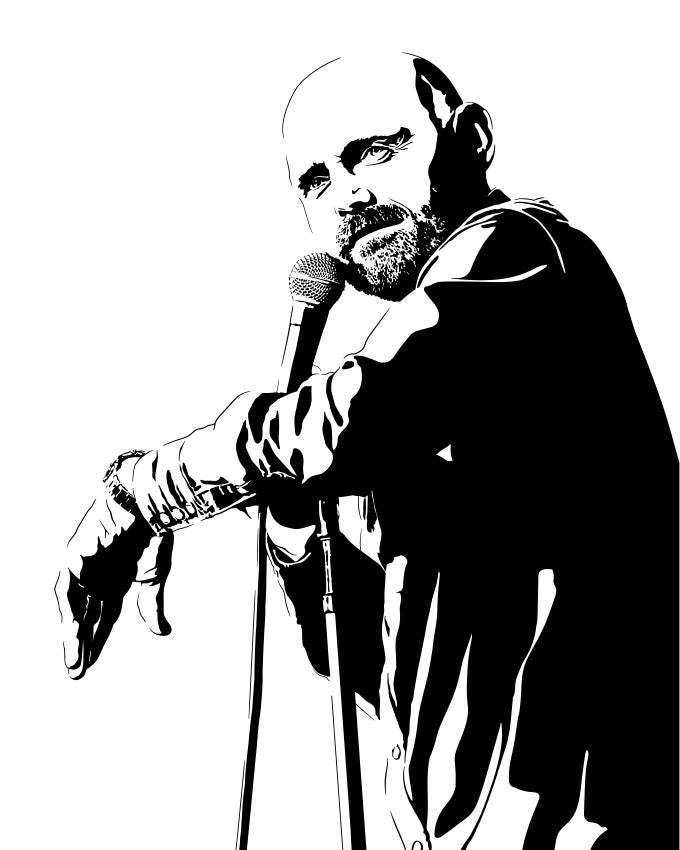 digital black and white illustration of bill burr doing standup comedy, leaning on the microphone stand while holding the microphone to his mouth,