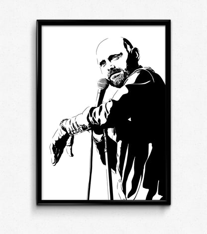 digital black and white illustration of bill burr doing standup comedy, leaning on the microphone stand while holding the microphone to his mouth, art print framed on the wall