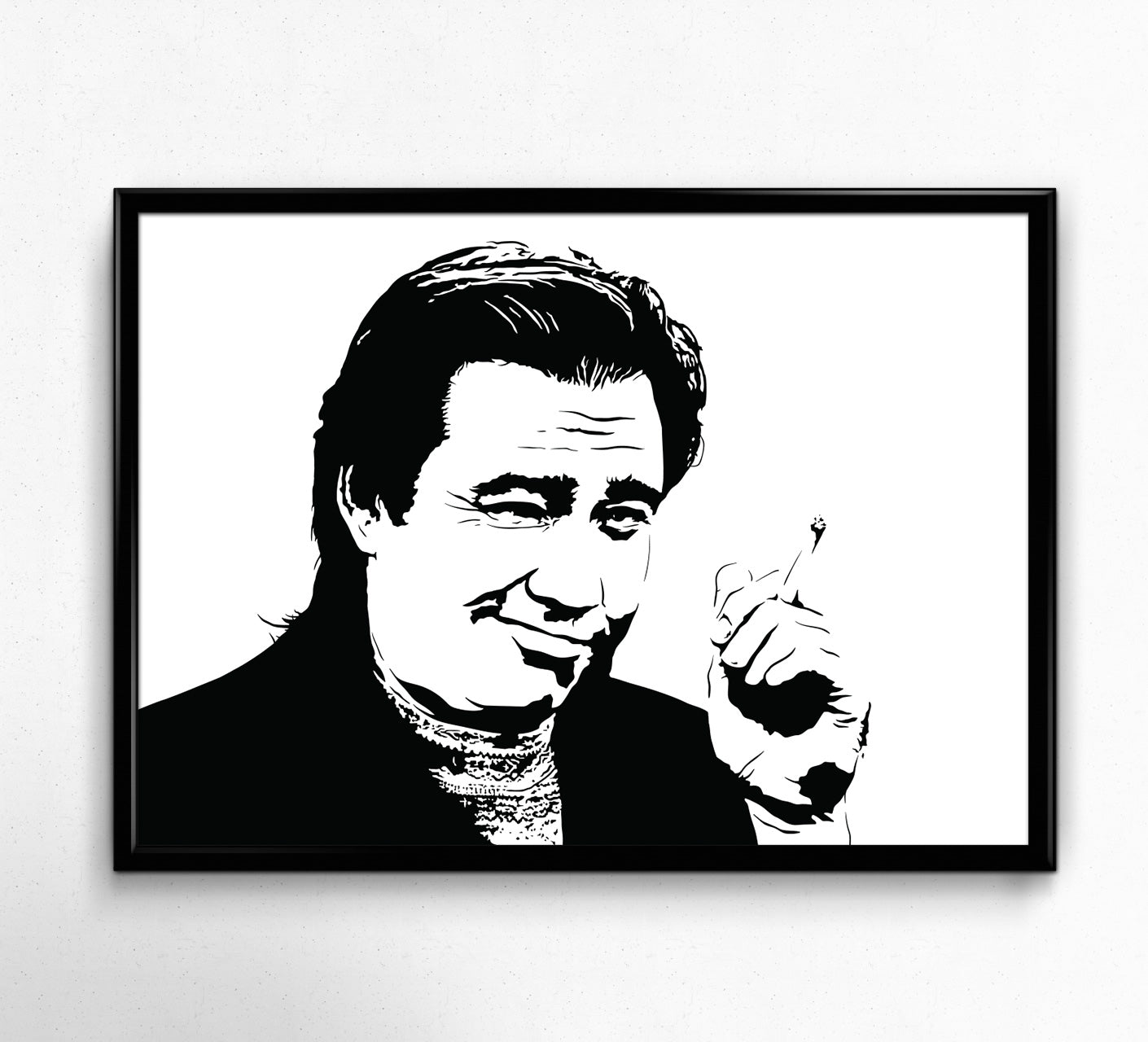 digital black and white illustration of comedian bill hicks smirking at the viewer while holding a cigarette in his hand, upper body portrait shot, art print framed on wall