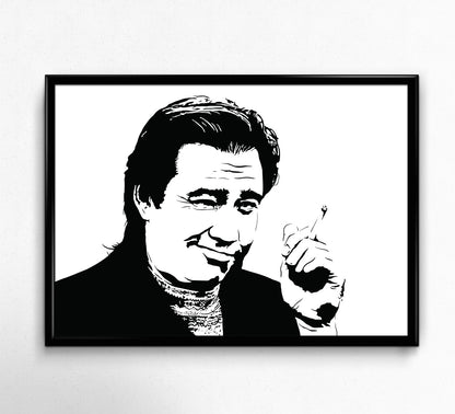 digital black and white illustration of comedian bill hicks smirking at the viewer while holding a cigarette in his hand, upper body portrait shot, art print framed on wall