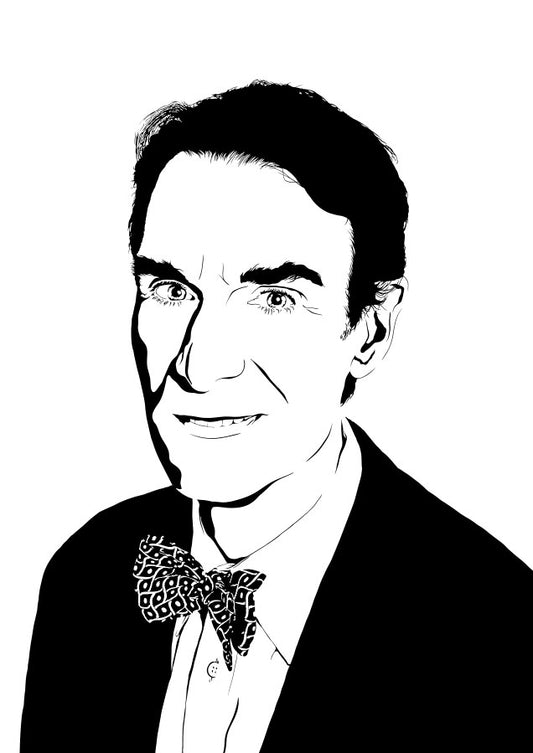 digital black and white illustration of bill nye the science guy wearing a bowtie and suit smiling at viewer, portrait profile