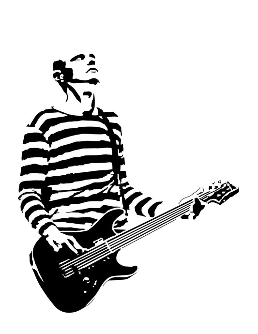 digital black and white illustration of guitarist and singer billy corgan of smashing pumpkins wearing a striped longsleeve shirt and playing guitar