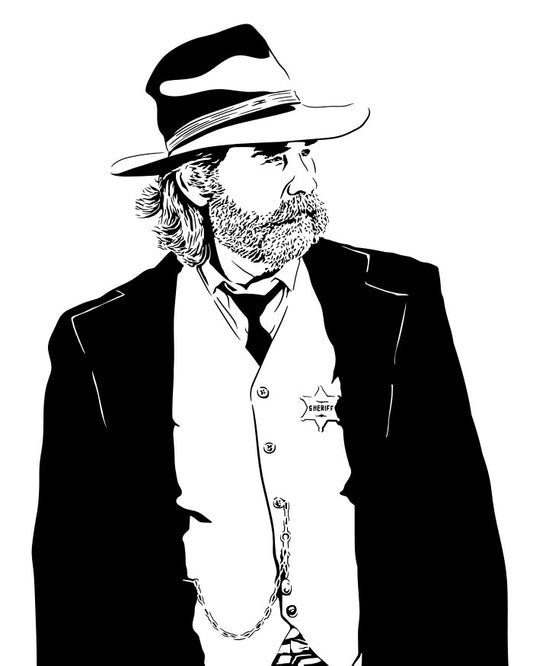 minimalist black and white digital illustration of sheriff franklin hunt from the film bone tomahawk portrayed by kurt russell, he is looking to the right side of the image wearing a trench coat over his coat jacket and sheriff star with a cowboy hat, he has a large bushy beard and shoulder length hair