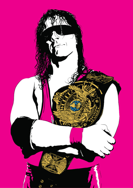 digital minimalist illustration of professional wrestler bret the hitman hart holding the WCW world heavyweight championship belt wearing his trademark pink and black ring attire and wraparound sunglasses with a bright pink background