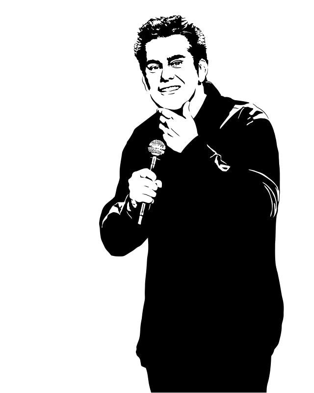 digital art black and white illustration of comedian brian regan doing standup comedy