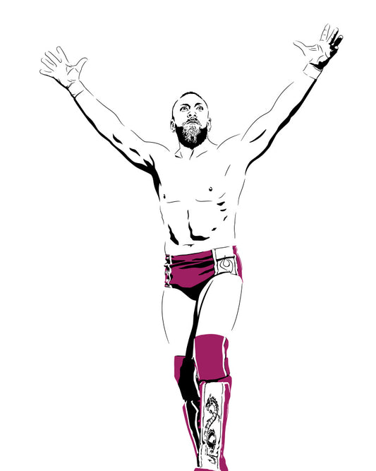 minimalist digital illustration of AEW's bryan danielson aka bryan daniel from WWE in purple wrestling trunks and knee pads walking with his arms outstretched, in black and white with purple highlights