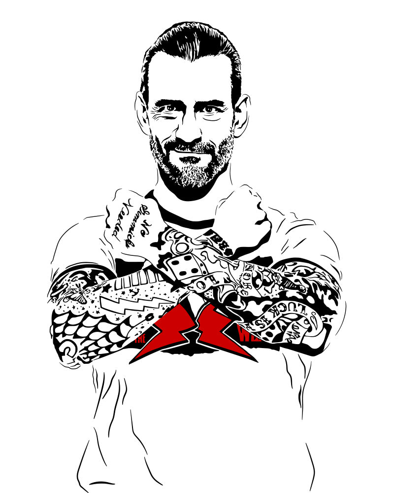 minimalist digital illustration of professional wrestler cm punk from WWE and AEW, Punk is standing with his arms crossed and a smug look on his face, black and white illustration with red highlights and a white background