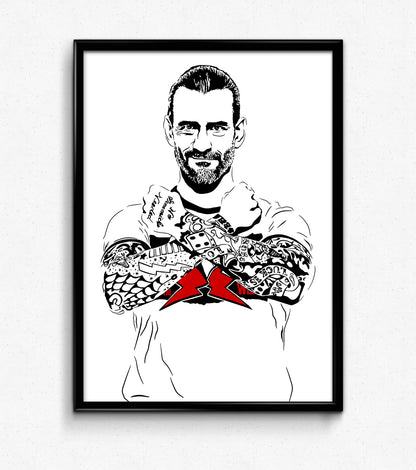 minimalist digital illustration of professional wrestler cm punk from WWE and AEW, Punk is standing with his arms crossed and a smug look on his face, black and white illustration with red highlights and a white background, framed art print