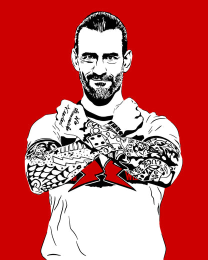 minimalist digital illustration of professional wrestler cm punk from WWE and AEW, Punk is standing with his arms crossed and a smug look on his face, black and white illustration with red highlights and a red background