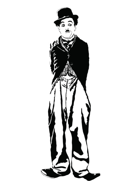 minimalist black and white digital illustrations of vaudeville actor charlie chaplin dressed as the tramp with a bowler hat, mustache, and baggy clothing from his old hollywood film