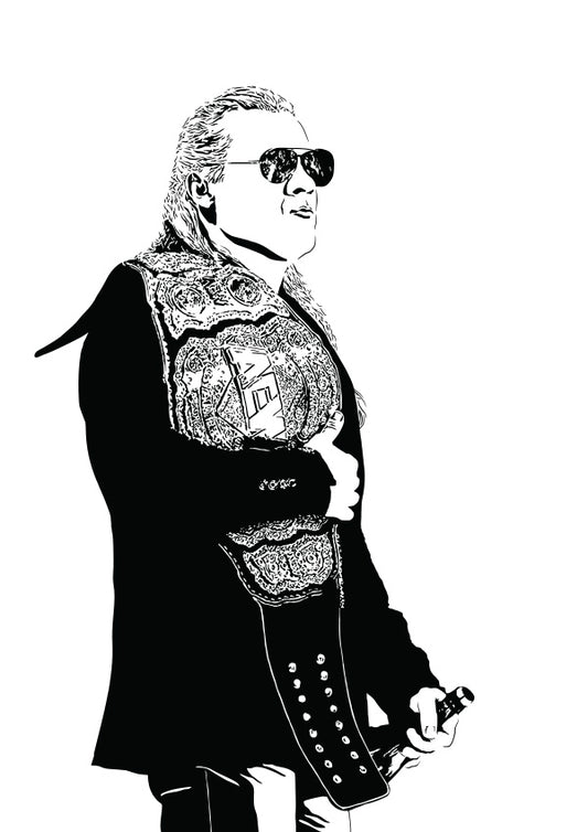 stencil illustration of aew champion chris jericho professional wrestling legend holding championship belt and bottle of champagne bubbly