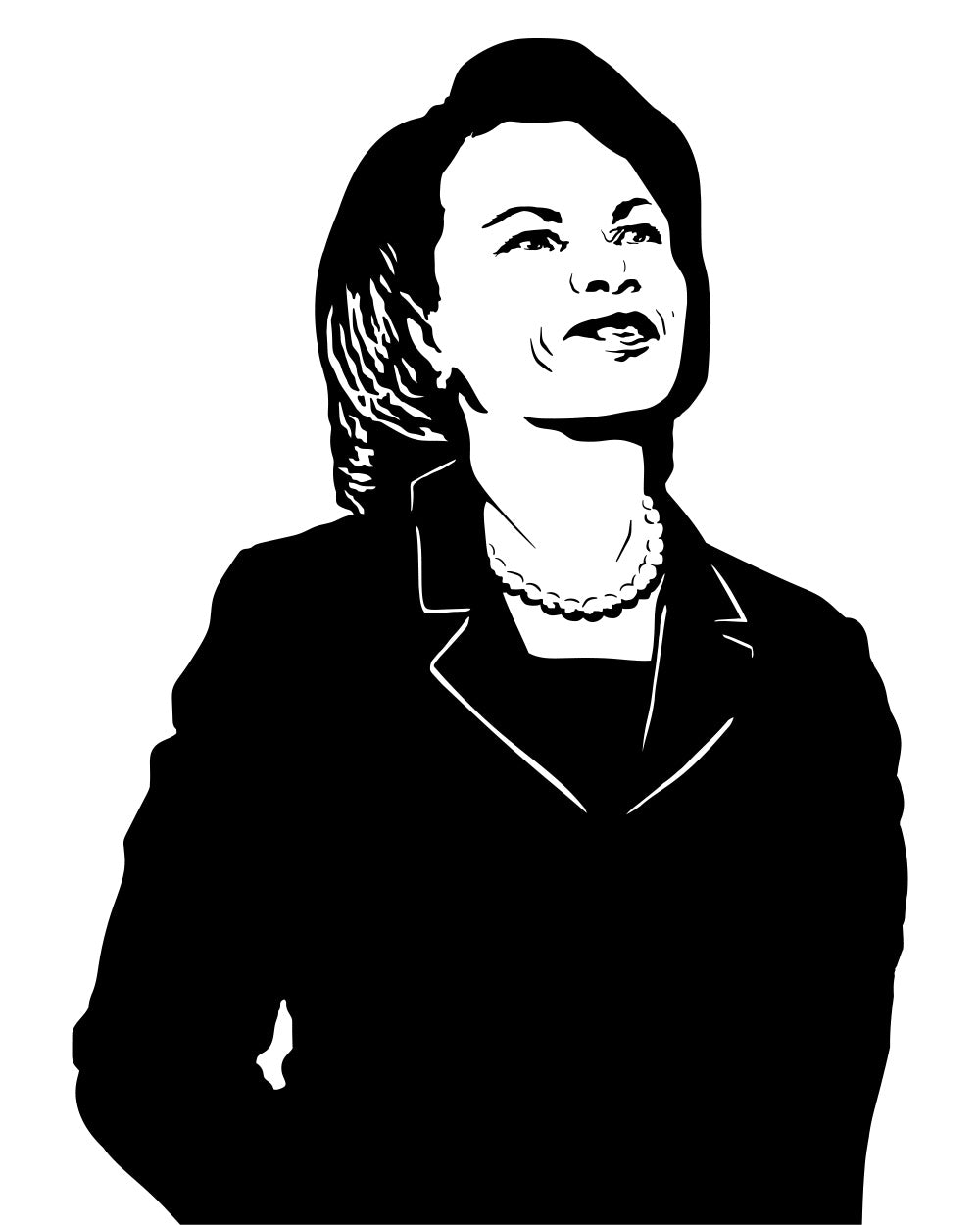 minimalist black and white digital illustration of secretary of state condoleeze rice standing proudly in a dress with a pearl necklace