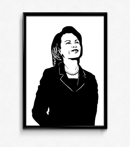 minimalist black and white digital illustration of secretary of state condoleeze rice standing proudly in a dress with a pearl necklace, framed art print