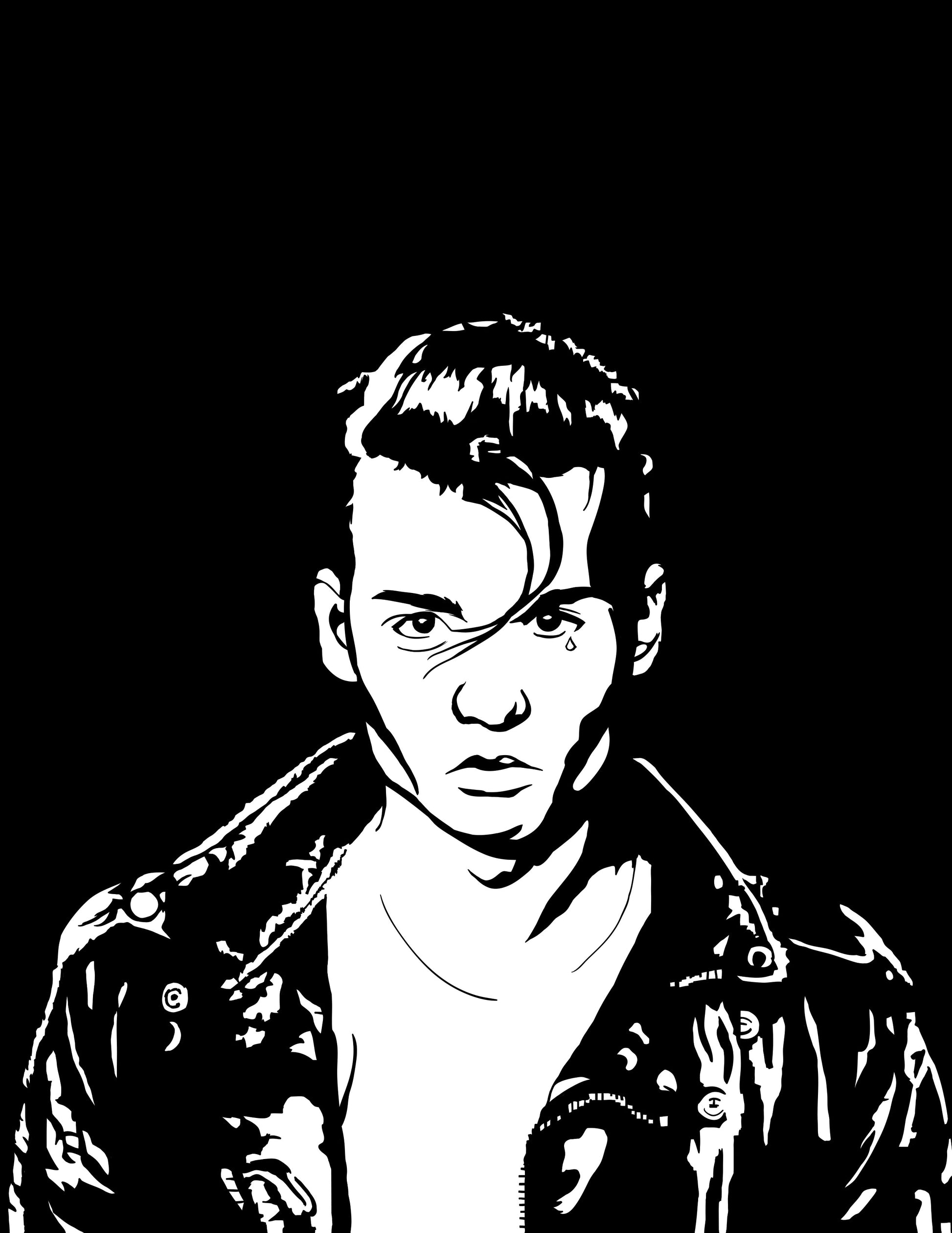 minimalist black and white digital illustration of crybaby played by johnny depp in the john waters cult classic film, depp is staring at the viewer wearing a leather jacket with a tear tattoo under his left eye