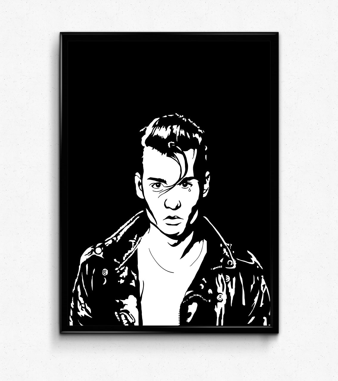 minimalist black and white digital illustration of crybaby played by johnny depp in the john waters cult classic film, depp is staring at the viewer wearing a leather jacket with a tear tattoo under his left eye, framed art print