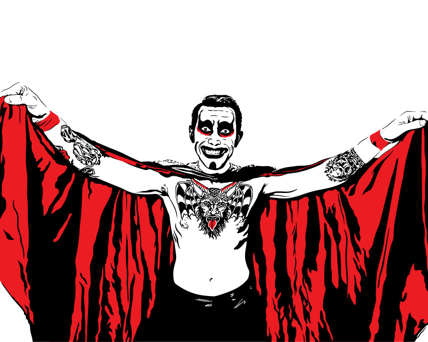 minimalist digital illustration of professional wrestler danhausen holding his cape with outstretched arms showcasing his tattoos on his chest and arms with a wide grin and his signature devil makeup