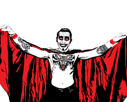 minimalist digital illustration of professional wrestler danhausen holding his cape with outstretched arms showcasing his tattoos on his chest and arms with a wide grin and his signature devil makeup