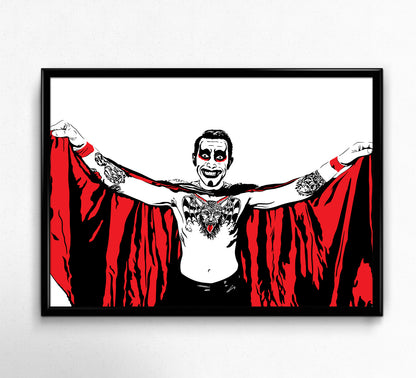 minimalist digital illustration of professional wrestler danhausen holding his cape with outstretched arms showcasing his tattoos on his chest and arms with a wide grin and his signature devil makeup, framed art print