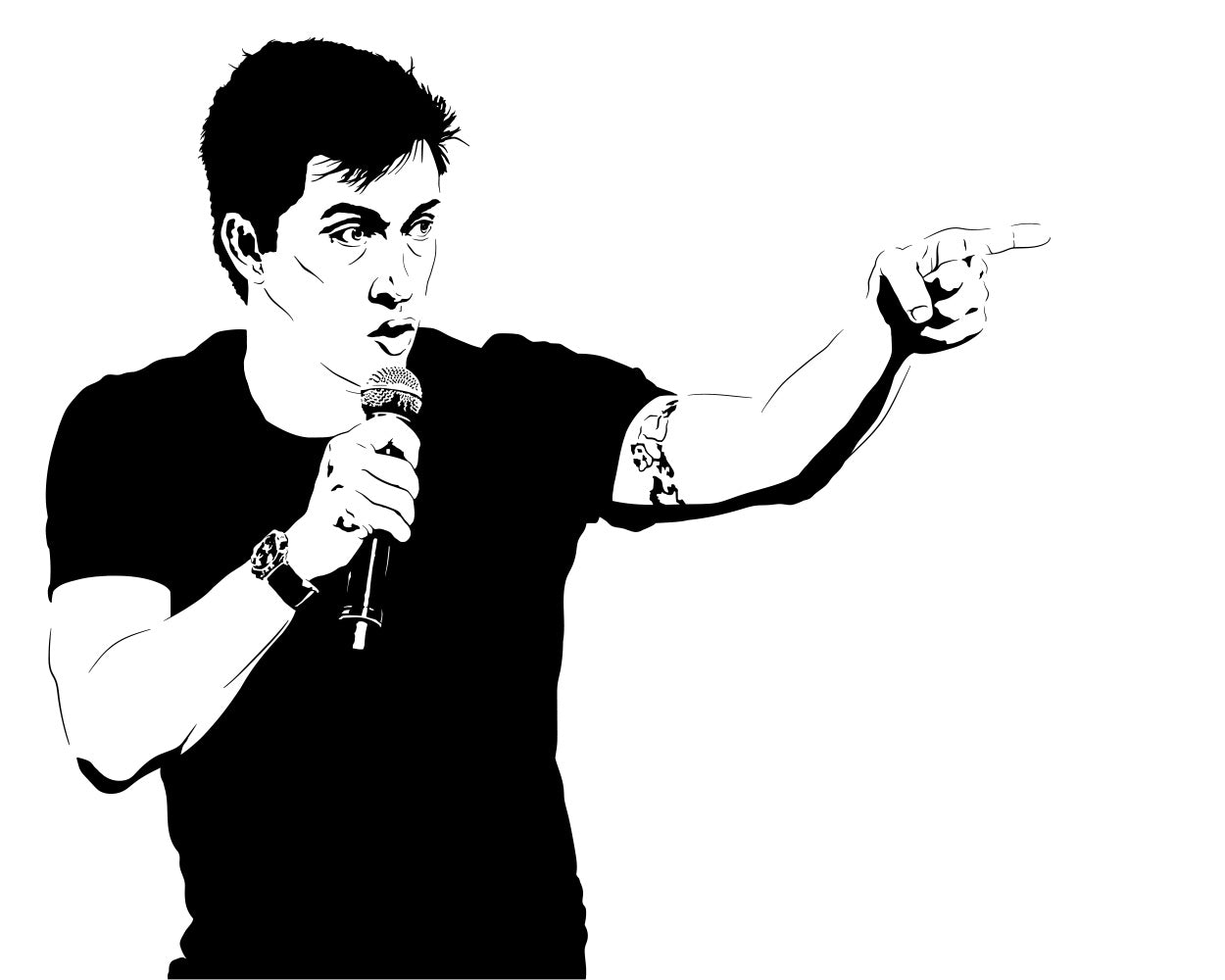 minimalist black and white digital illustration of scottish comedian daniel sloss, wearing a dark tshirt, speaking into a microphone and pointing to the right