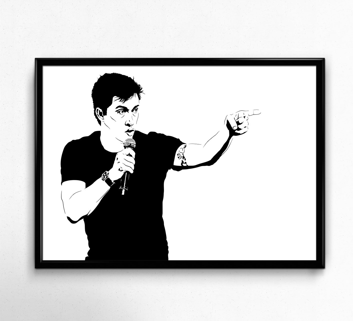 minimalist black and white digital illustration of scottish comedian daniel sloss, wearing a dark tshirt, speaking into a microphone and pointing to the right, framed art print