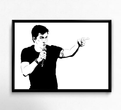 minimalist black and white digital illustration of scottish comedian daniel sloss, wearing a dark tshirt, speaking into a microphone and pointing to the right, framed art print