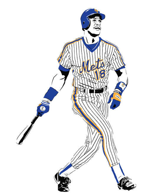 minimalist digital illustration of new york mets slugger darryl strawberry in post-swing pose looking into the distance, wearing new york mets pinstripe uniform