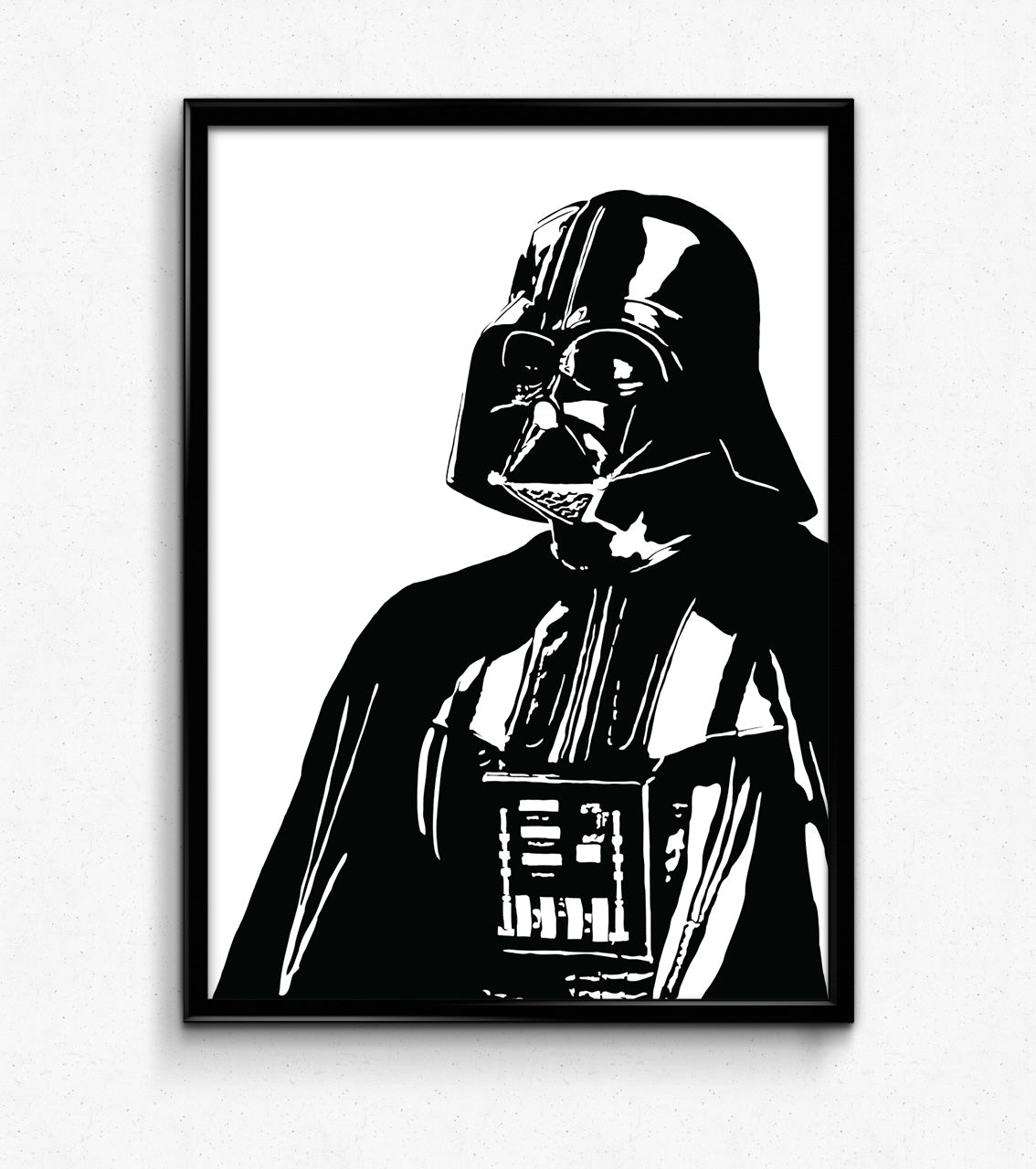 black and white digital illustration of darth vader from star wars portrait framed art print