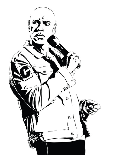 minimalist black and white digital illustration of stand up comedian dave chappelle, standing and looking to his side holding a microphone